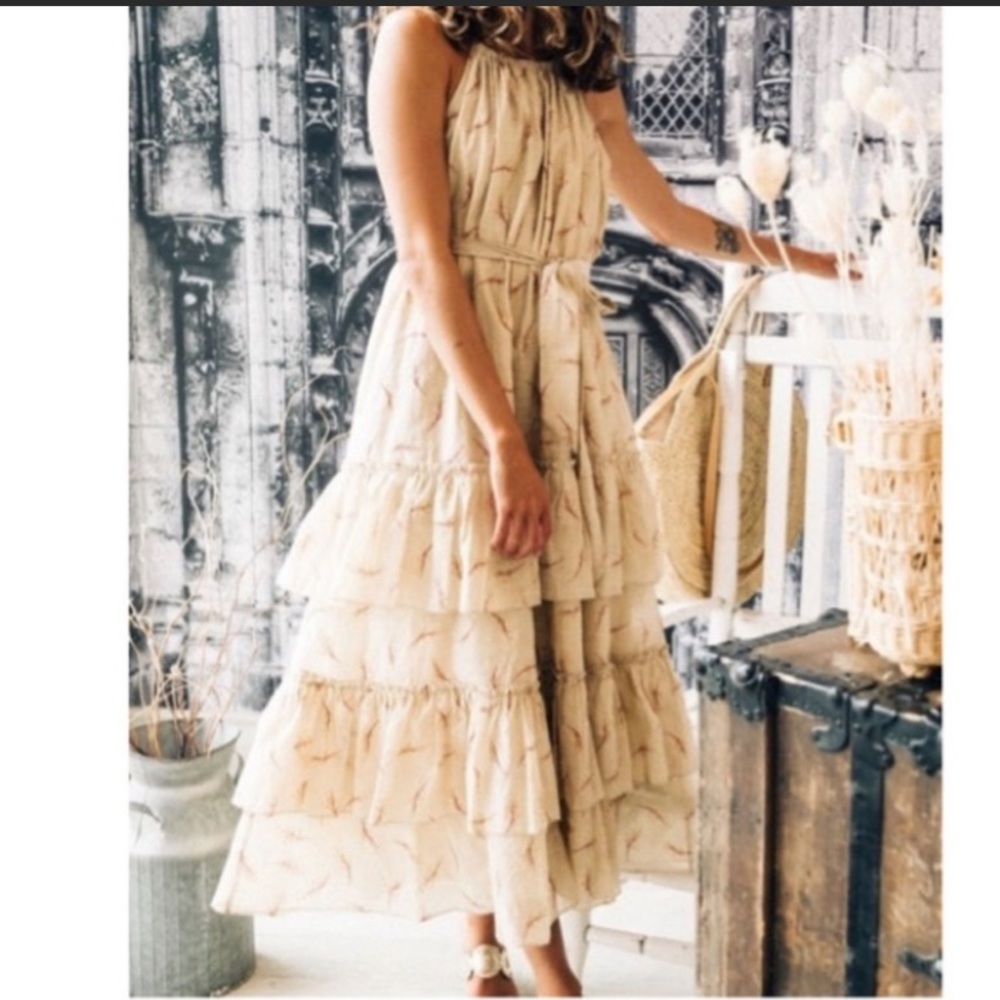 NWT Senlis red & gold leaf tiered Stefanie ruffle dress S
